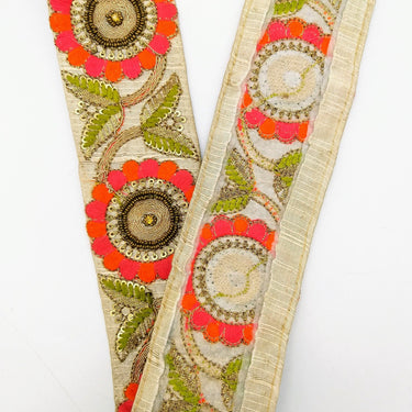 Beige Art Silk Lace Trim, Floral Embroidery in Green, Pink and Orange